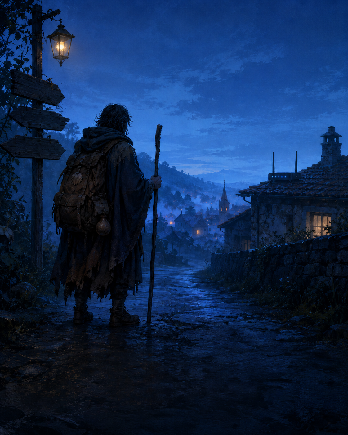 A lone pilgrim standing before a quiet village at dusk