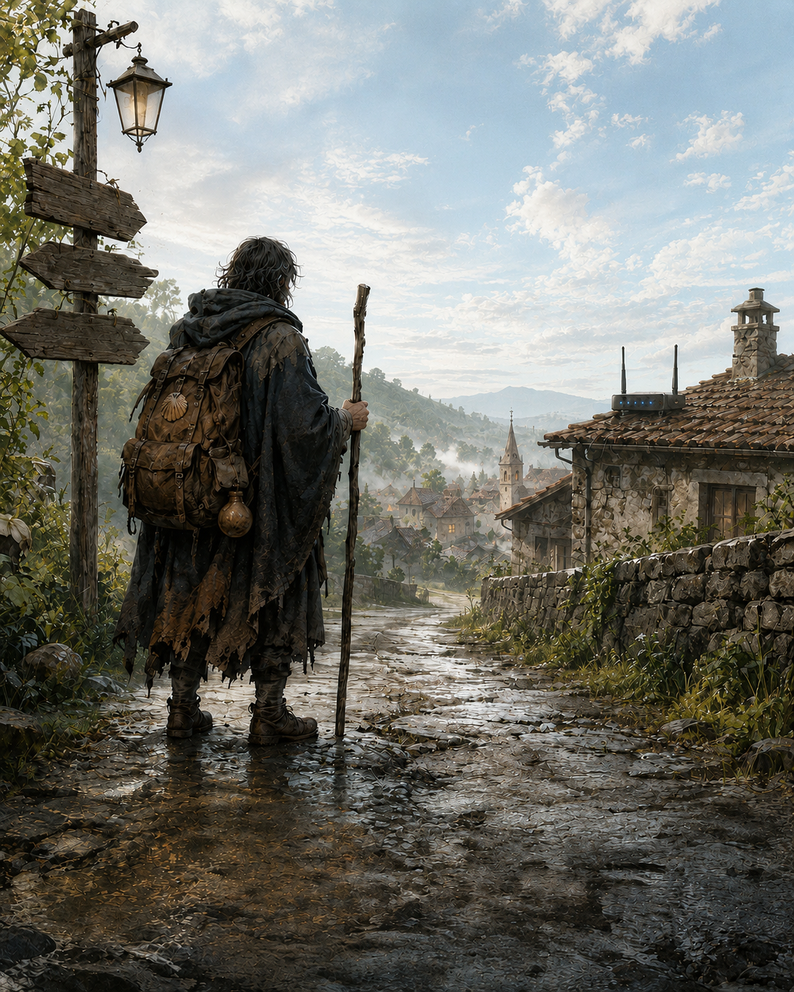 A lone pilgrim before the village in daylight